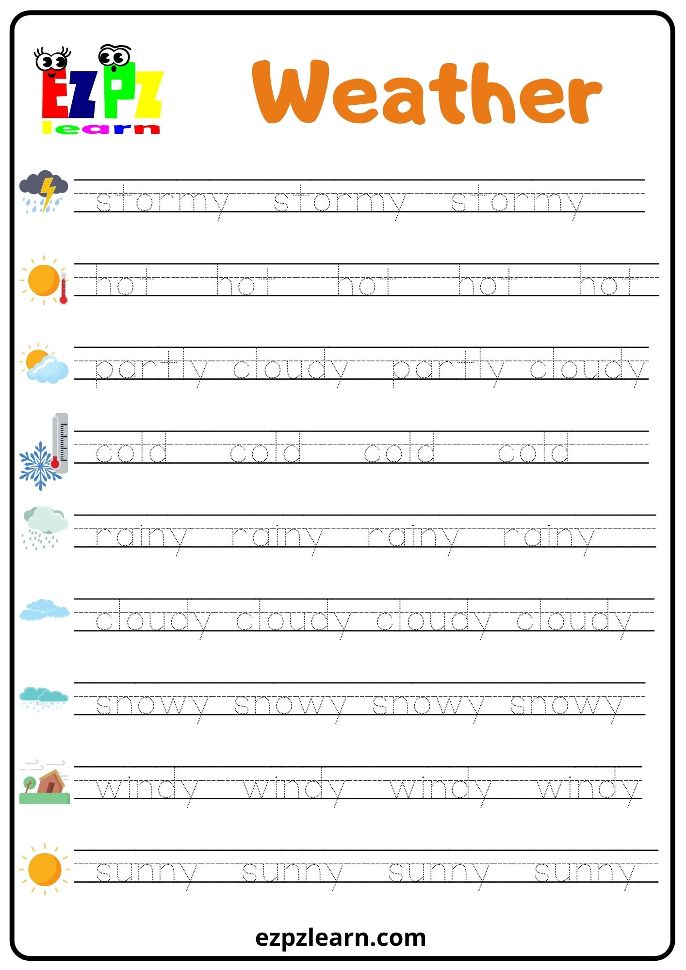 Weather Word Tracing Worksheet